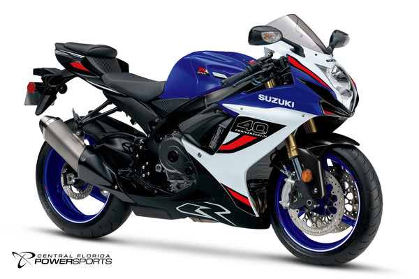2027 Suzuki GSX-R750Z 40th Anniversary Edition in Pearl Vigor Blue / Pearl Tech White - front three-quarter studio view