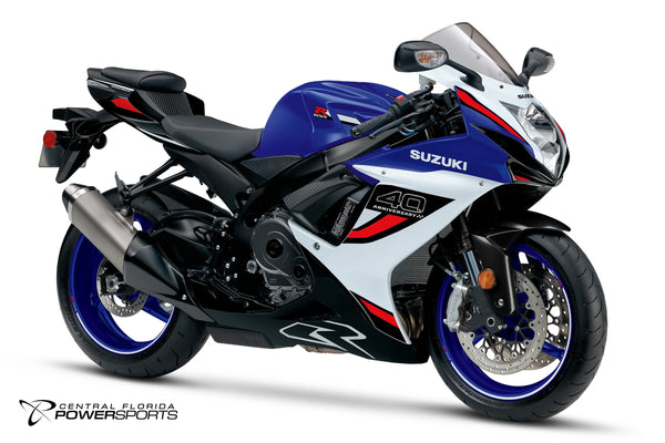 2027 Suzuki GSX-R600Z 40th Anniversary Edition in Pearl Vigor Blue / Pearl Tech White - front three-quarter studio view