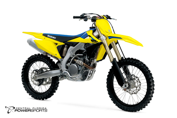 2027 Suzuki RM-Z250 in Champion Yellow No. 2 - front three-quarter studio view