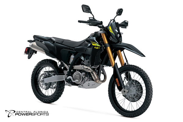 2027 Suzuki DR-Z4S+ in Solid Black - front three-quarter studio view