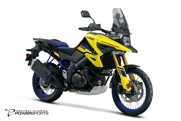 2027 Suzuki V-Strom 1050DE in Champion Yellow No.2 / Glass Sparkle Black - front three-quarter studio view