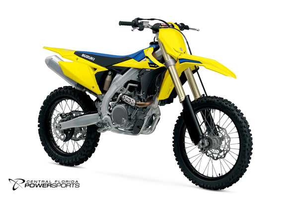 2027 Suzuki RM-Z450 in Champion Yellow No. 2 - front three-quarter studio view