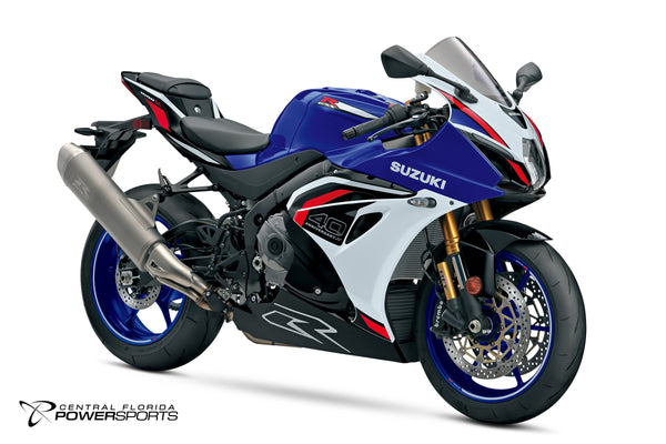 2027 Suzuki GSX-R1000R 40th Anniversary Edition in Pearl Vigor Blue / Pearl Tech White - front three-quarter studio view