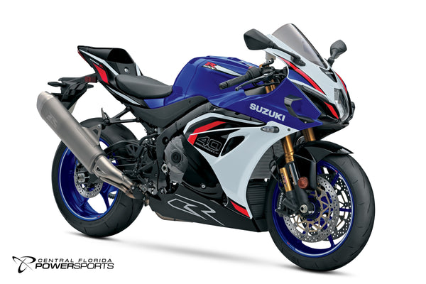 2027 Suzuki GSX-R1000RS 40th Anniversary Edition in Pearl Vigor Blue / Pearl Tech White - front three-quarter studio view