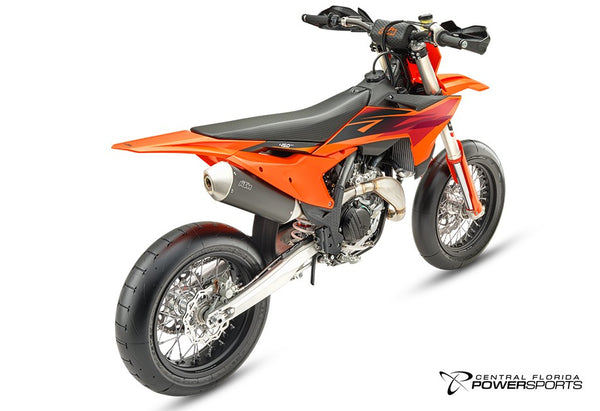 2027 KTM 450 SMR in Orange - rear three-quarter studio view