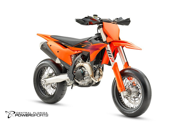 2027 KTM 450 SMR in Orange - front three-quarter studio view