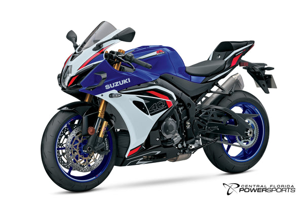 2027 Suzuki GSX-R1000RS 40th Anniversary Edition in Pearl Vigor Blue / Pearl Tech White - front three-quarter studio view