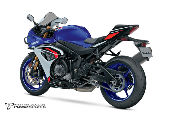 2027 Suzuki GSX-R1000RS 40th Anniversary Edition in Pearl Vigor Blue / Pearl Tech White - rear three-quarter studio view