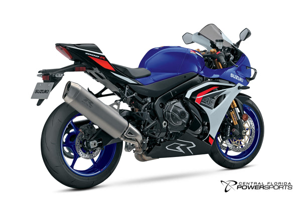 2027 Suzuki GSX-R1000RS 40th Anniversary Edition in Pearl Vigor Blue / Pearl Tech White - rear three-quarter studio view