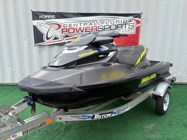 2015 Sea-Doo GTX Limited 215 gray left front three-quarter view on trailer