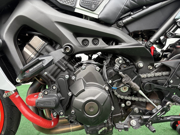2019 Yamaha MT-09 in Gray, left side of the 847cc triple engine, used motorcycle for sale at Central Florida PowerSports