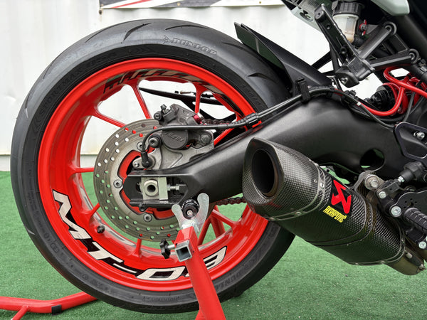 2019 Yamaha MT-09 in Gray, red rear wheel with Akrapovic exhaust, used motorcycle for sale at Central Florida PowerSports