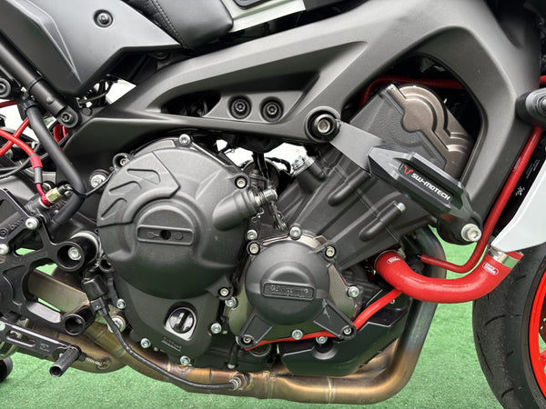 2019 Yamaha MT-09 in Gray, right side of the 847cc triple engine, used motorcycle for sale at Central Florida PowerSports