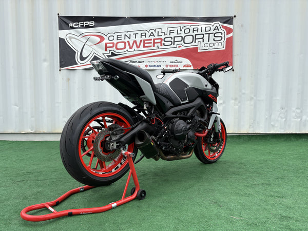 2019 Yamaha MT-09 in Gray, right rear three-quarter view, used motorcycle for sale at Central Florida PowerSports
