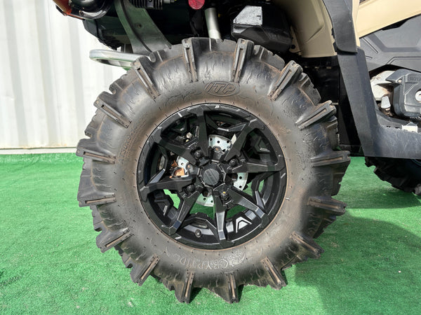 2023 Can-Am Outlander X MR 850 tan left front wheel and mud tire