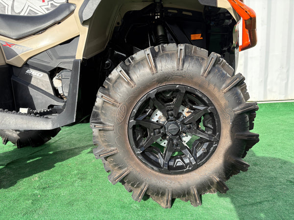 2023 Can-Am Outlander X MR 850 tan right front wheel and mud tire