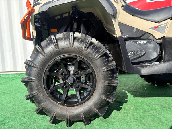 2023 Can-Am Outlander X MR 850 tan right rear wheel and mud tire