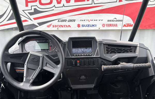2023 Polaris RZR XP 4 1000 gray cockpit with steering wheel and dash