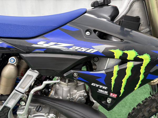 2025 Yamaha YZ250 Monster Energy Edition in Blue, radiator shroud with Monster Energy graphics, used dirt bike for sale at Central Florida PowerSports