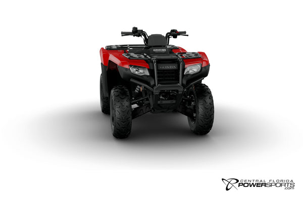2026 Honda FourTrax Rancher 4x4 Automatic DCT IRS EPS in Hero Red, side view.