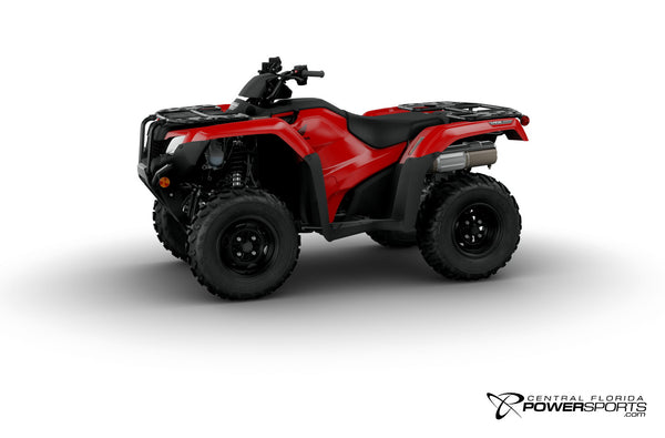 2026 Honda FourTrax Rancher 4x4 Automatic DCT IRS EPS in Hero Red, three-quarter view.
