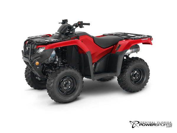 2026 Honda FourTrax Rancher 4x4 Automatic DCT IRS EPS in Hero Red, three-quarter view.