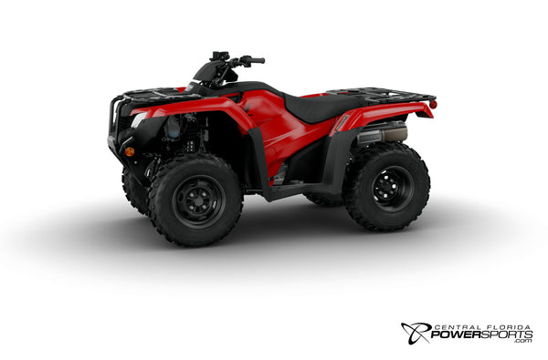 2026 Honda FourTrax Rancher 4x4 in Hero Red, three-quarter view.