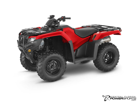 2026 Honda FourTrax Rancher 4x4 in Hero Red, three-quarter view.