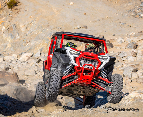 2026 Honda Talon 1000R-4 FOX Live Valve in Pearl Red, detail view.
