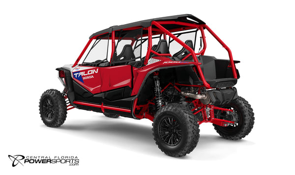 2026 Honda Talon 1000R-4 FOX Live Valve in Pearl Red, rear view.