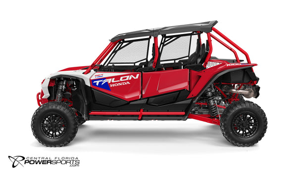 2026 Honda Talon 1000R-4 FOX Live Valve in Pearl Red, side view.
