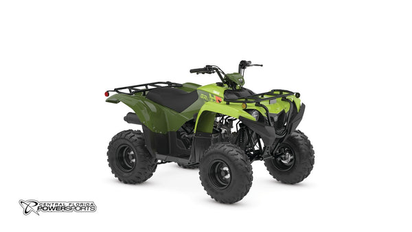 2026 Yamaha Grizzly 110 in Tactical Green/Acid Green, front-right three-quarter studio view
