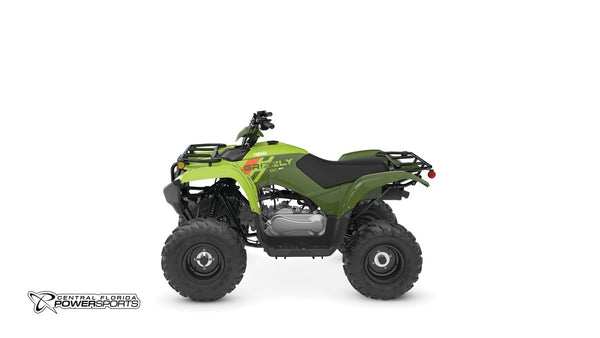 2026 Yamaha Grizzly 110 in Tactical Green/Acid Green, left-facing studio view