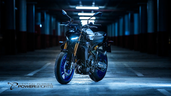 2026 Yamaha MT-09 SP, front three-quarter view in a lit parking structure
