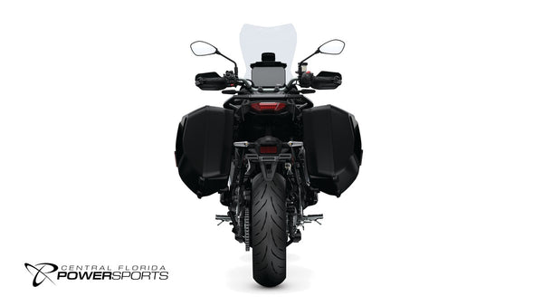 2026 Yamaha Tracer 9 in Raven, rear studio view with side cases
