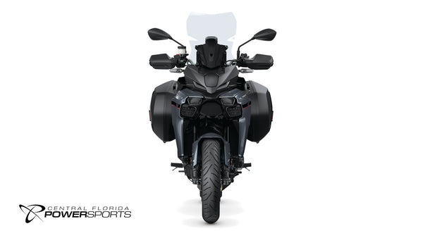 2026 Yamaha Tracer 9 in Raven, front studio view with side cases