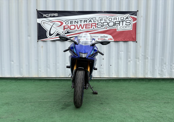 2026 Yamaha YZF-R7 in Blue, straight-on front view, used motorcycle for sale at Central Florida PowerSports