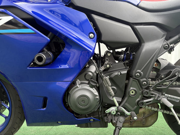 2026 Yamaha YZF-R7 in Blue, left side of the 689cc engine and shifter, used motorcycle for sale at Central Florida PowerSports
