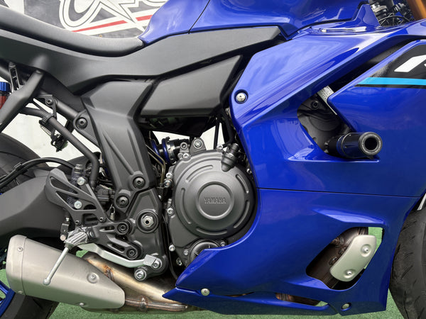 2026 Yamaha YZF-R7 in Blue, right side of the engine and exhaust, used motorcycle for sale at Central Florida PowerSports