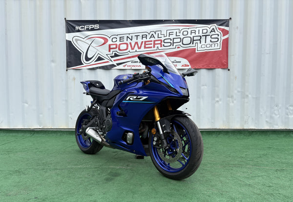 2026 Yamaha YZF-R7 in Blue, right front three-quarter view, used motorcycle for sale at Central Florida PowerSports