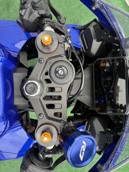 2026 Yamaha YZF-R7 in Blue, top triple clamp, vertical view, used motorcycle for sale at Central Florida PowerSports