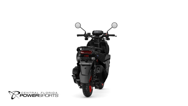 2026 Yamaha Zuma 125 in Matte Black, rear three-quarter studio view