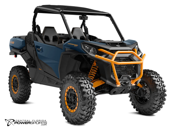 2027 Can-Am Commander XT-P in Dusty Navy and Orange Crush, three-quarter view.