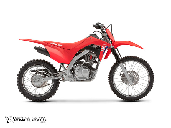 2027 Honda CRF125F Big Wheel in Red, side view.