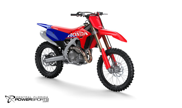 2027 Honda CRF450R in Red, three-quarter view.