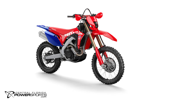2027 Honda CRF450X in Red, three-quarter view.