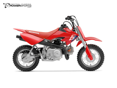 2027 Honda CRF50F in Red, side view.