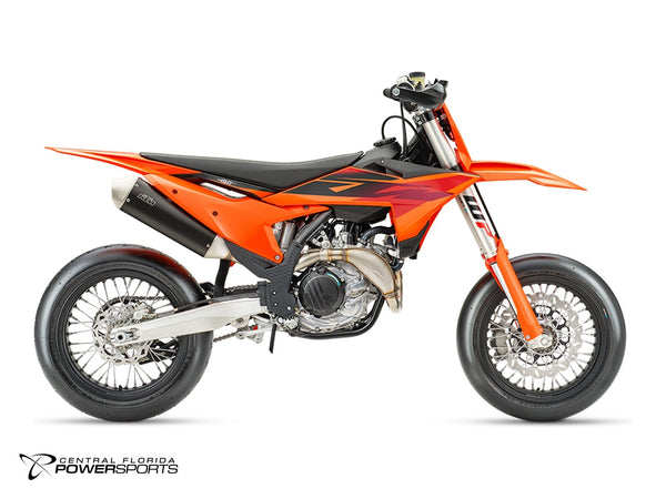 2027 KTM 450 SMR in Orange - side profile studio photo, facing right
