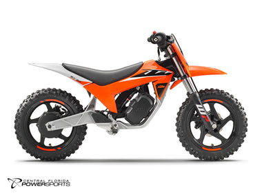 2027 KTM SX-E 2 in Orange - side profile studio photo, facing right