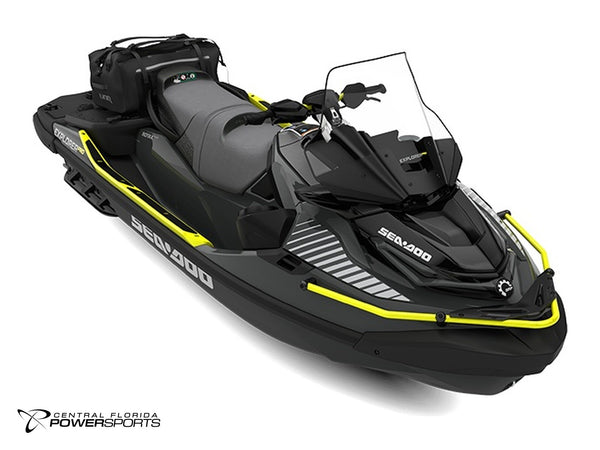 2027 Sea-Doo Explorer Pro 230 three-quarter front view in Iceland Grey | Central Florida PowerSports Kissimmee